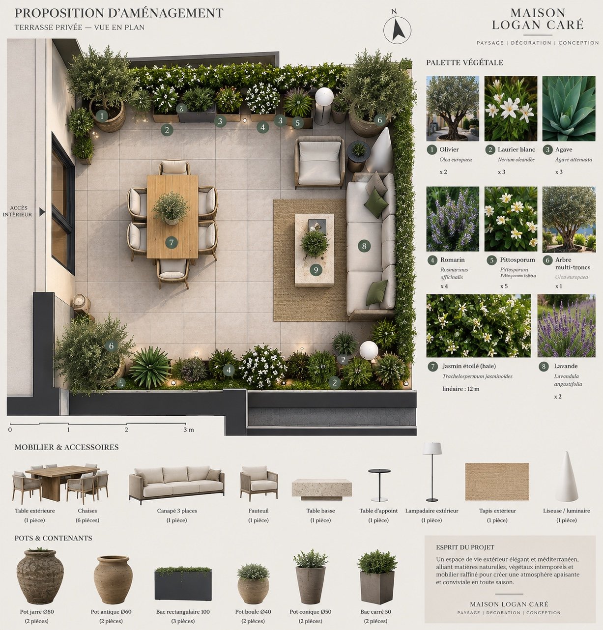 Plan d’aménagement d’une terrasse privée avec palette végétale, mobilier et contenants